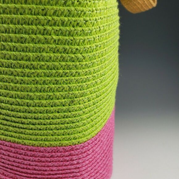 Woven Paper Straw w Metal Trim Purse Tote Beach Bag Green Pink Tan Footed Lined - Picture 11 of 11